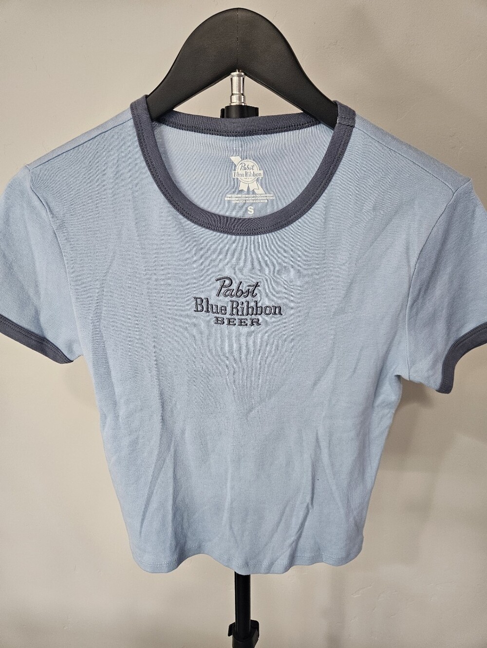 Pabst Blue Ribbon ringer crop top. Size Small